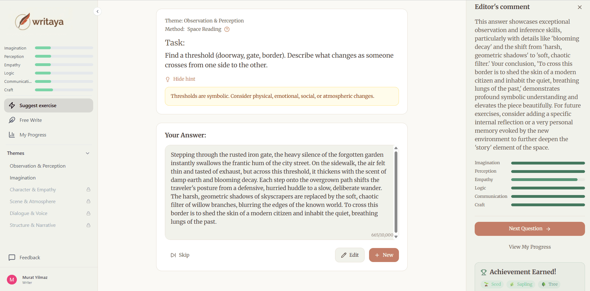 Writaya feedback page — AI scores and personalized feedback on your writing