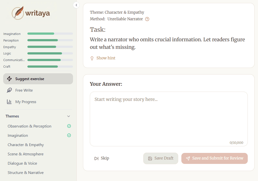 Writaya exercise page — write your answer to a creative writing prompt